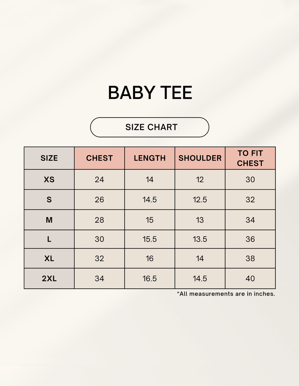 Size chart for Red Lily Baby Tee, including measurements for XS, S, M, L, XL, and 2XL.