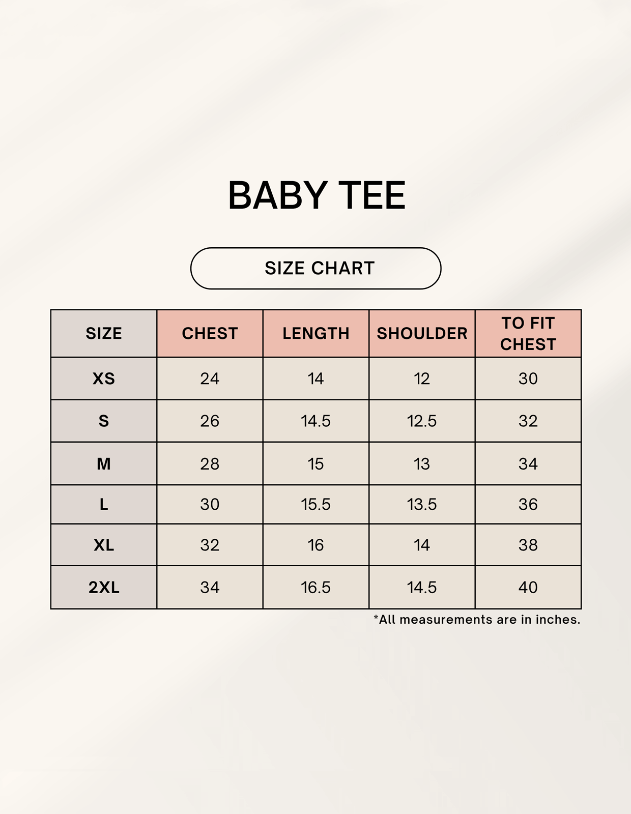 Size chart for Red Lily Baby Tee, including measurements for XS, S, M, L, XL, and 2XL.