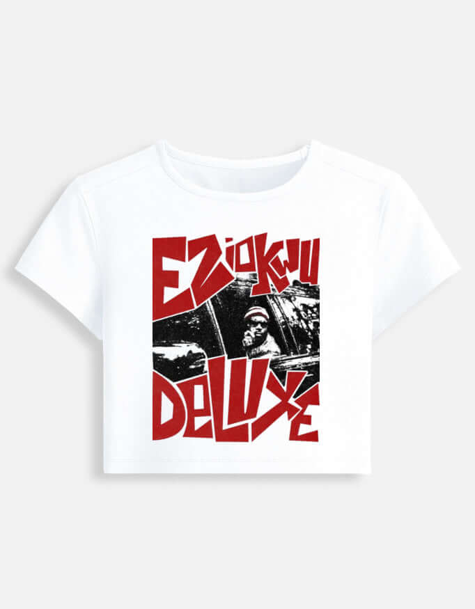 Eziokwu Baby Tee in white with red graphic design, featuring a cropped fit for trendy comfort.